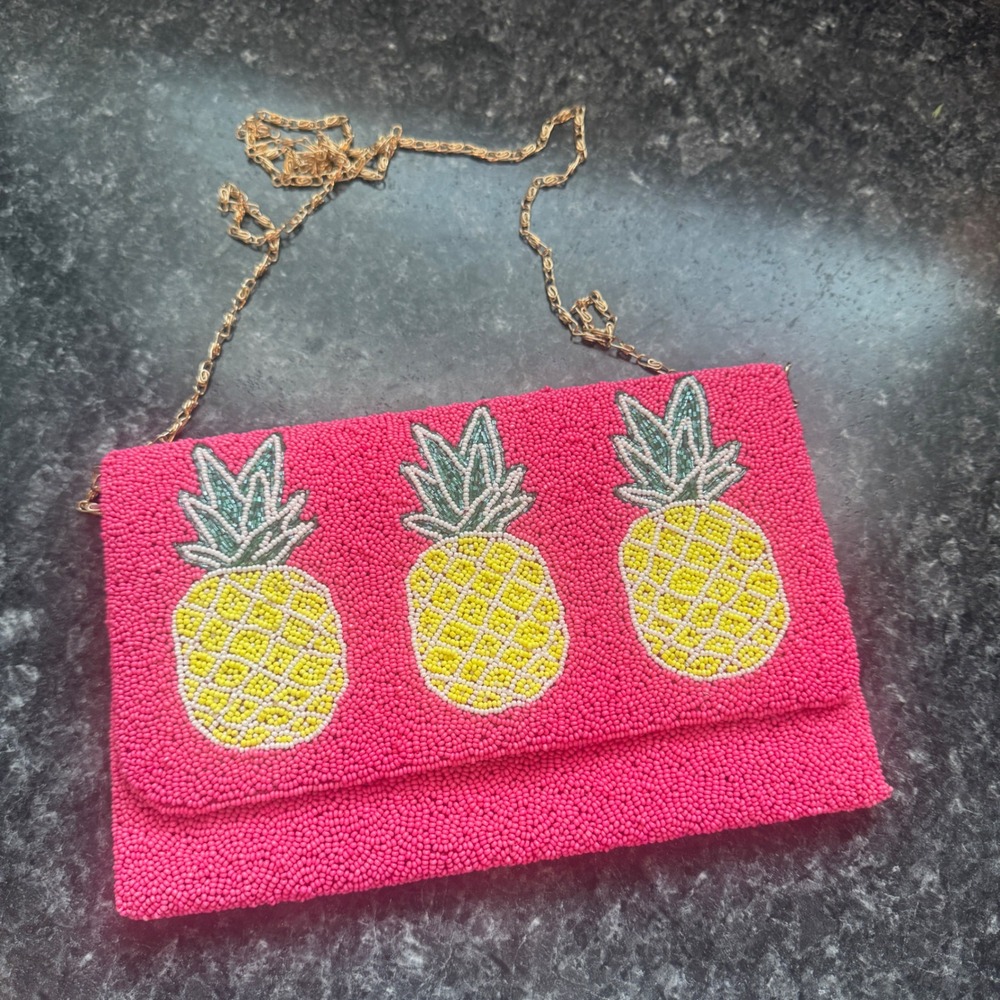 Hot Pink Beaded Jane Marie Pineapple Clutch CrossbodyTropical Summer Handbag